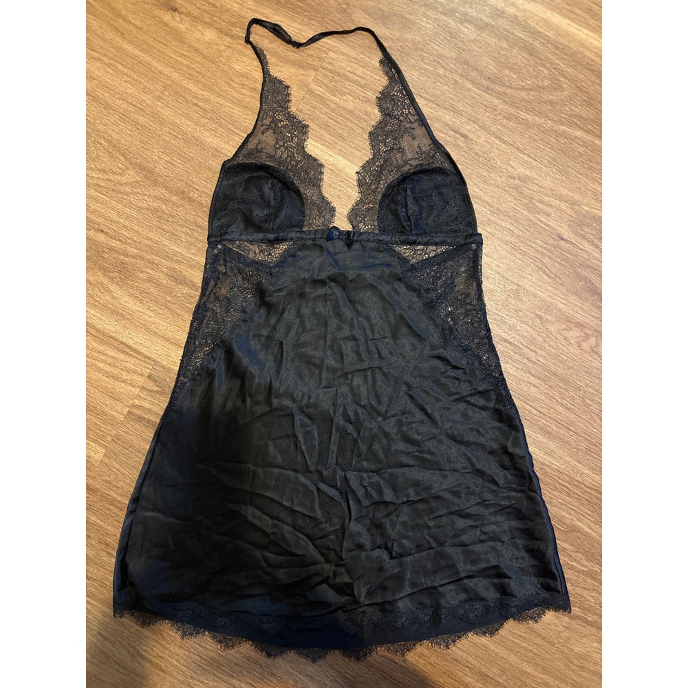 Victoria Secret Blk Satin Lace Halter Babydoll Chemise Open Back MD minimalist